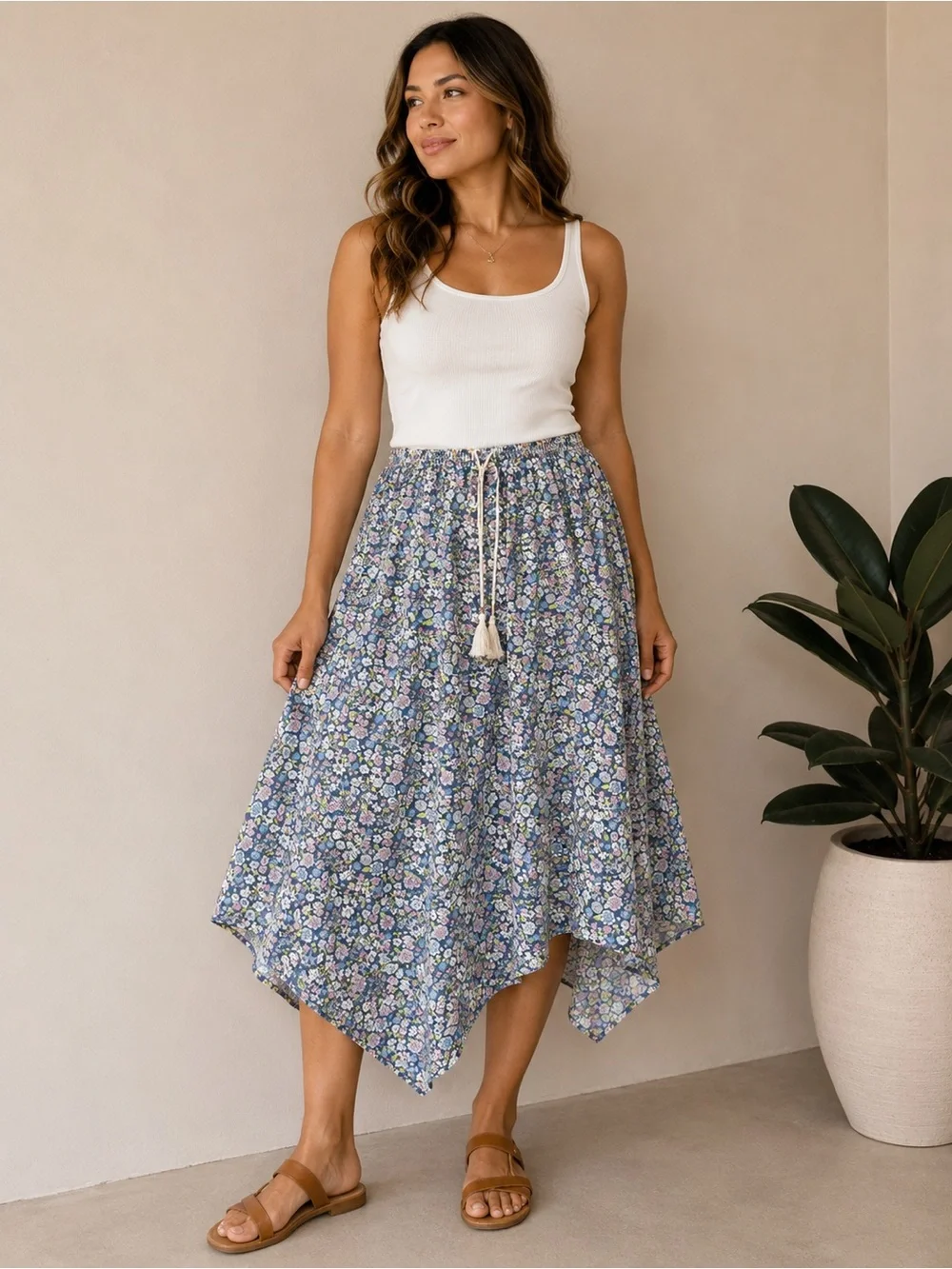 American Eagle Floral Midi Skirt Blue Cottagecore Boho Size Medium